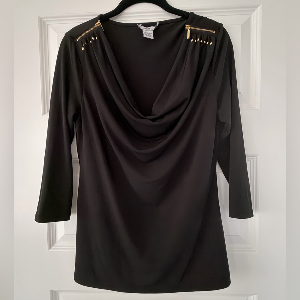 Black Cowl Neck Top with Gold Accents
